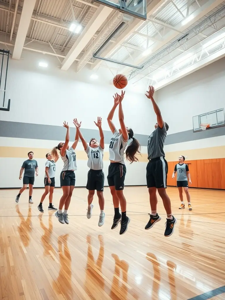 A group of students playing basketball in the school gymnasium, focusing on teamwork and coordination.