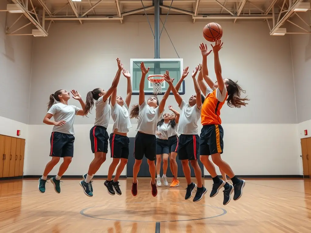 An inspiring image of students playing basketball in the school gymnasium, emphasizing agility and coordination.