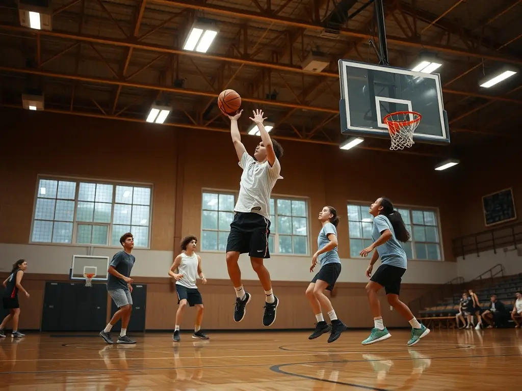 A vibrant image of students participating in a basketball game indoors, showcasing teamwork and active engagement.