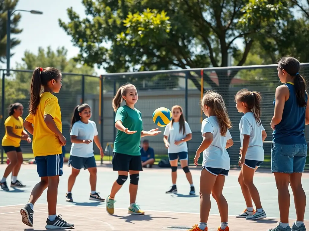 A dynamic image of students practicing volleyball, highlighting coordination and teamwork.