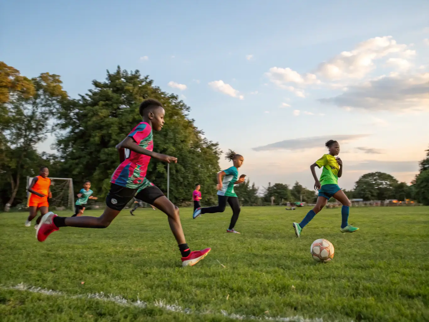 A group of students participating in a football training session on a sunny day, showcasing teamwork and physical activity.