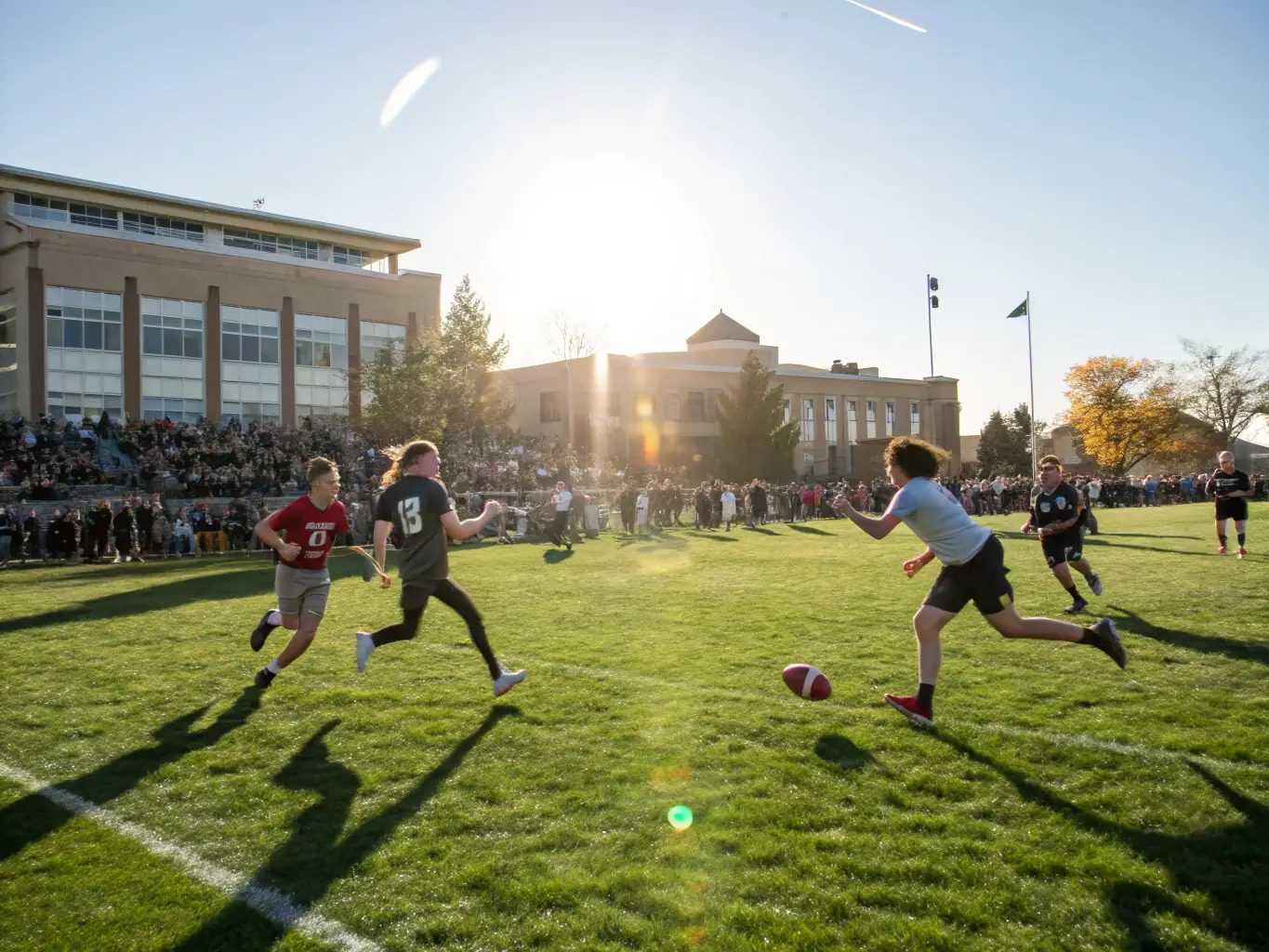 An action shot of students playing football on a green field, emphasizing the excitement and physical activity involved.