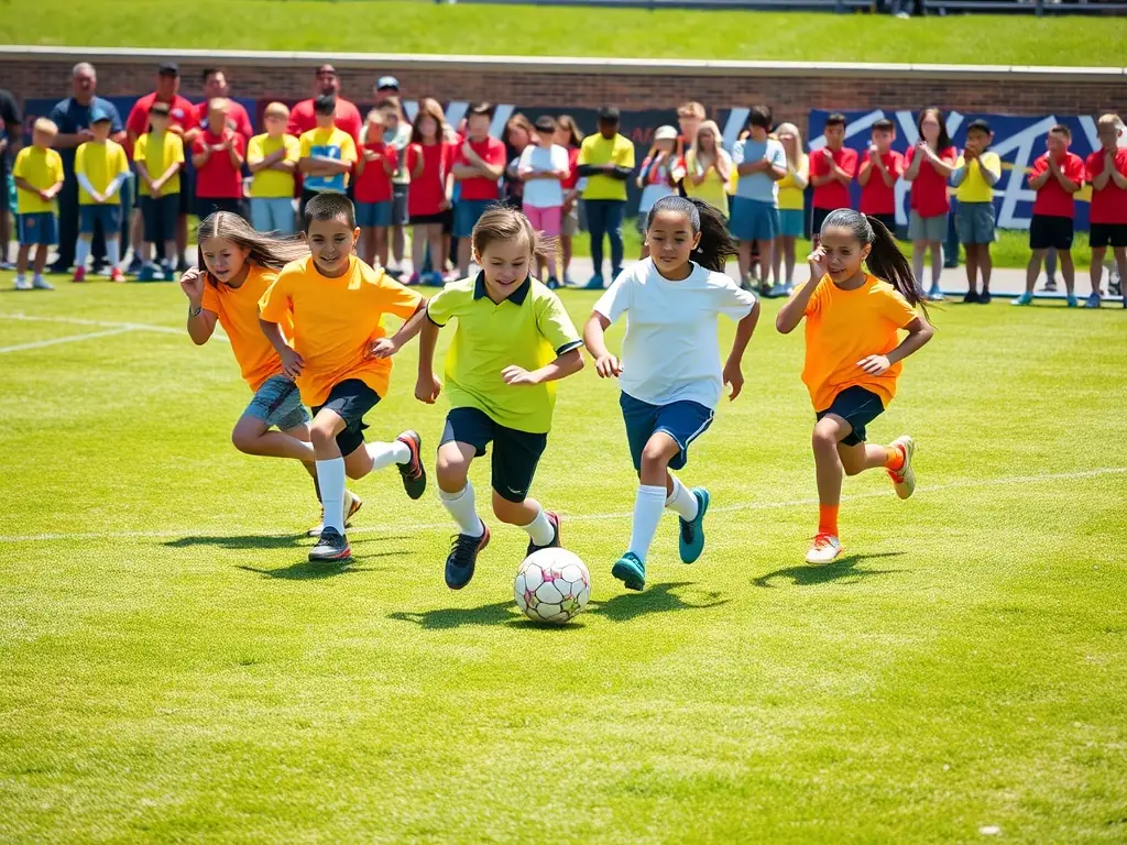 A dynamic image of students participating in a football match on a sunny day, showcasing teamwork and sportsmanship.